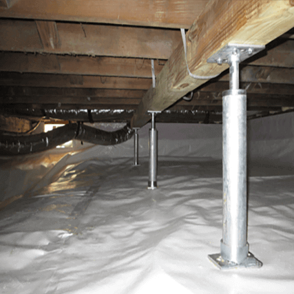 Crawl space stabilizer holding up beam in encapsulated crawl space | Crawl Space Stabilization | Area Waterproofing