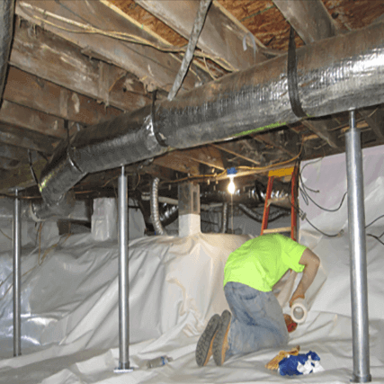 Crawl space stabilizer in encapsulated crawl space with worker| Crawl Space Stabilization | Area Waterproofing